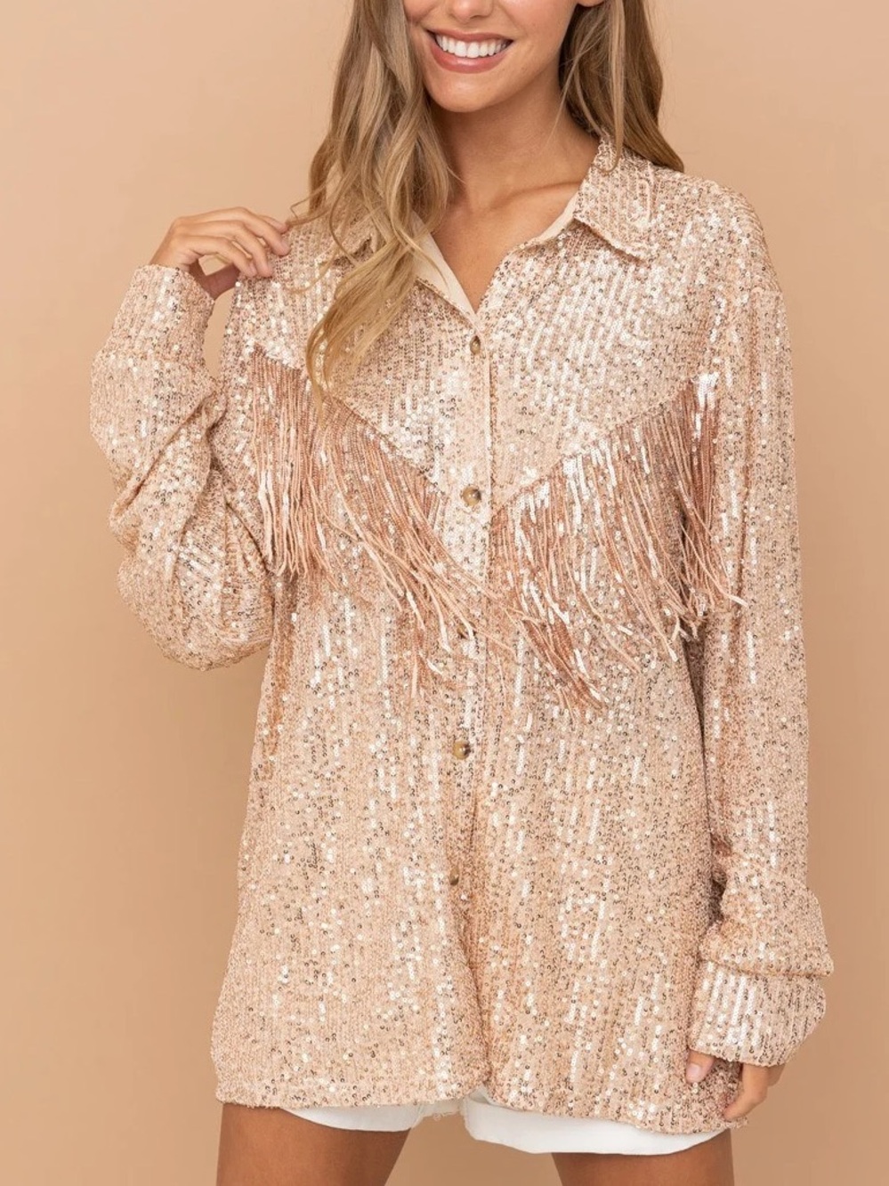 blue.b Rose Gold Sequin Fringe Button-Front Blouse
